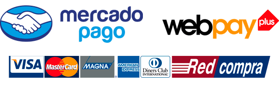 Métodos de pago: Mercado Pago, Webpay Plus, Visa, Mastercard, Magna, American Express, Diners Club, Redcompra